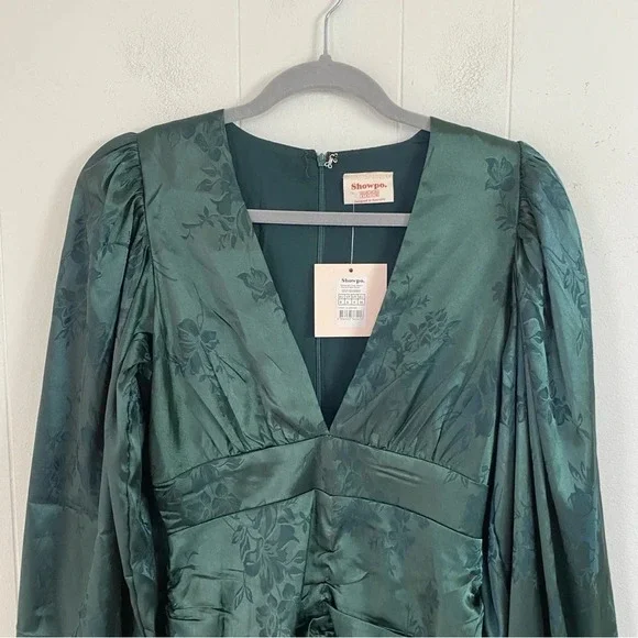 NWT Showpo RICHMOND JACQUARD FLORAL LONG SLEEVE RUCHED MINI DRESS GREEN SZ 4 - Picture 4 of 15